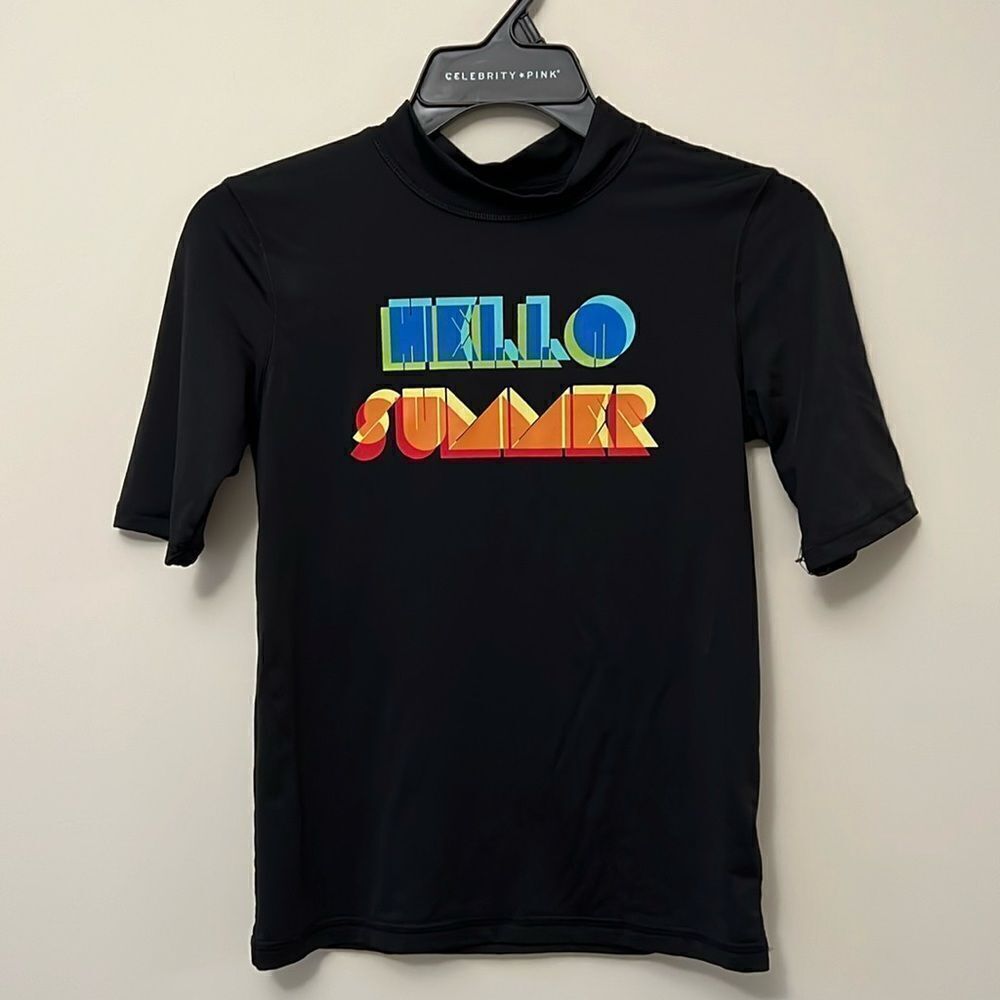 Cat & Jack youth boys size large (12/14) Hello Summer black swim shirt.